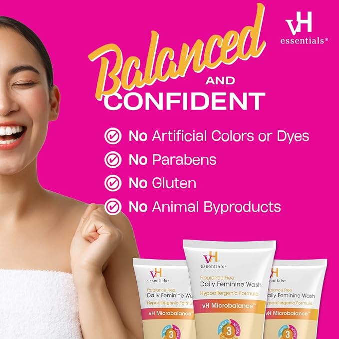 vH Essentials Daily Feminine Wash - 6 Fl Oz - Fragrance-Free,Odor Eliminating Body&Vaginal Wash with Tea Tree Oil,Prebiotics and Lactic Acid for pH Balance, Odor Defense and Vaginal Health (Pack of 2)