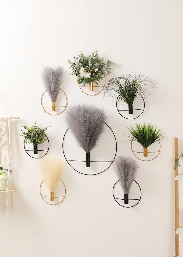 Pretty Jolly Boho Pampas Wall Decor Gold Metal Wall-Mounted Art | Morden Artificial Greenery Display，2 Pack Beige Hanging Planter For Living Room, Bedroom, Bathroom, Dining room