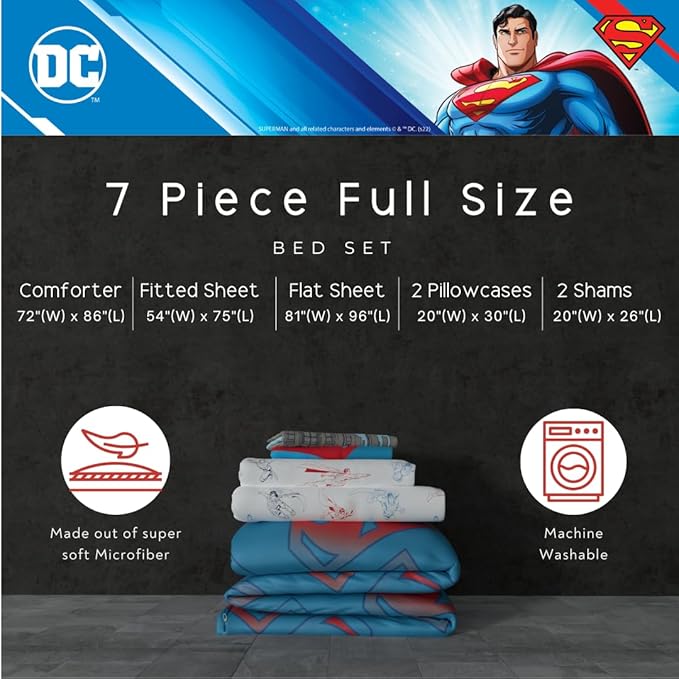 Superman DC Comics Kids Bedding Super Soft & Cozy Reverisble Microfiber Comforter and Sheet Set with Sham, 7 Piece Full Size, (Officially Licensed Product) By Franco