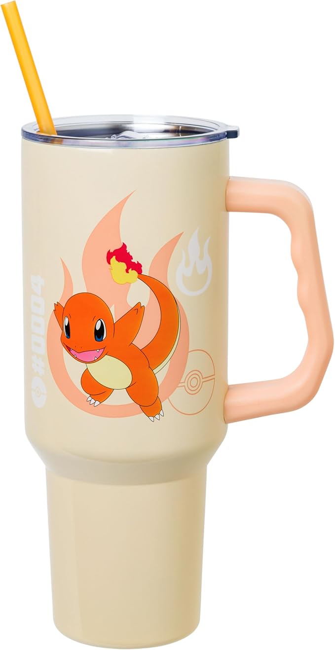 Silver Buffalo Pokémon Stainless Steel Tumbler with Handle Featuring Charmander, Fits in Standard Cup Holder, 40 Ounces