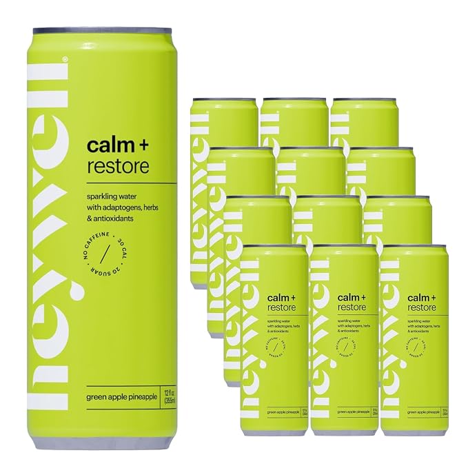Heywell Sparkling Adaptogenic Water Calm and Restore, Green Apple Pineapple Flavor 12 Fluid Ounce (Pack of 12) - Non Caffeinated, Organic, Non GMO, Vegan, Gluten Free, Dairy Free