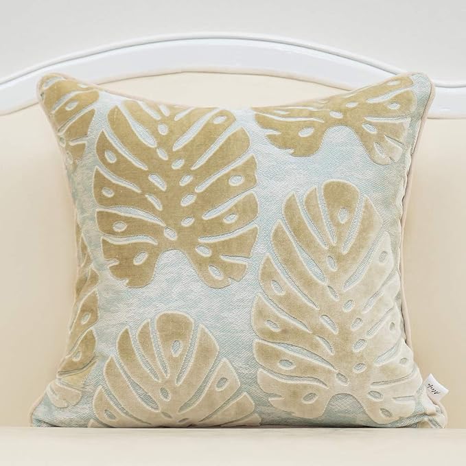 Alerfa 18 x 18 Inch Square Leaf Pillow Embroidery Cut Velvet Cushion Case Luxury Modern Lumbar Throw Pillow Cover Decorative Pillow for Couch Sofa Living Room Bedroom Car, Beige