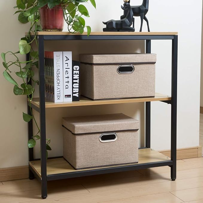 Collapsible Storage Containers with Lids [5-Pack] Jute Fabric Foldable Storage Bins Boxes Organizer Baskets Cube with Cover for Home Bedroom Closet Office Nursery (14.9x9.8x9.8)
