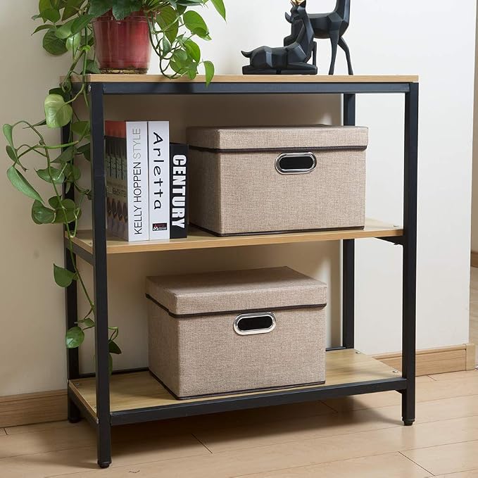 Collapsible Storage Cubes with Lids [3-Pack] Jute Fabric Foldable Storage Boxes Organizer Containers Baskets Bins with Cover for Home Bedroom Closet Office Nursery (14.9x9.8x9.8)