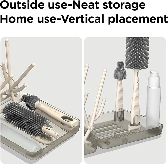 YOTIME Travel Bottle Brush Set, Auto-Open Rack & Vertical Brushs Drying Slots, 3 Brushes, Foldable Drying Rack, Dispenser, Travel Baby Essentials for On-The-Go Parents, Transparent Coffee