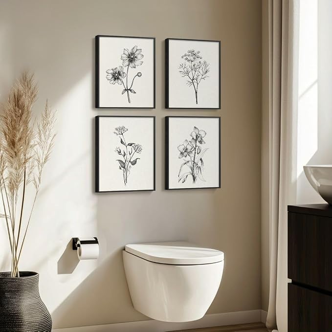 Framed Black and White Minimalist Floral Bathroom Wall Art, 4 Piece 8x10 In | Modern farmhouse wall decor, Flower botanical pictures, Waterproof canvas prints, Living room kitchen hallway bedroom decor