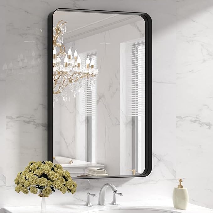 LOAAO 24X36 Inch Black Bathroom Mirror Metal Framed | Rounded Rectangle, Matte Black Bathroom Vanity Mirror, Anti-Rust, Hangs Horizontally or Vertically