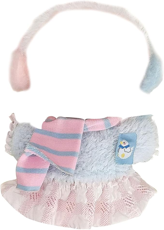 Macaron Sweetheart Set for Labubu Dolls, Pastel Blue & Pink Outfit with Earmuffs Scarf for Popmart Blind Box, Cute Clothes Accessories for labubu Outfits.