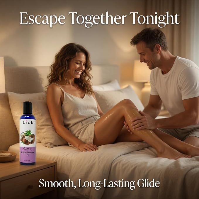 Lick Coconut Flavored Massage Oil – Tropical Edible Massage Oil with Sweet Almond Oil & Vitamin E, Hydrating Body-Safe Formula for Relaxing Couples Massage, 4 oz