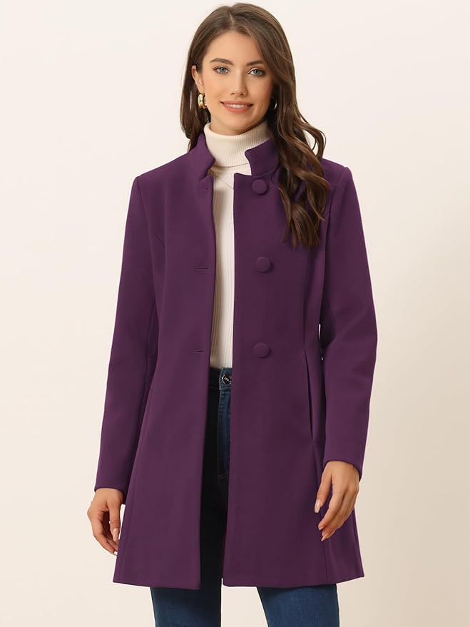 Allegra K Women's Winter Overcoat Mid-Long Stand Collar Single Breasted Coat Outerwear