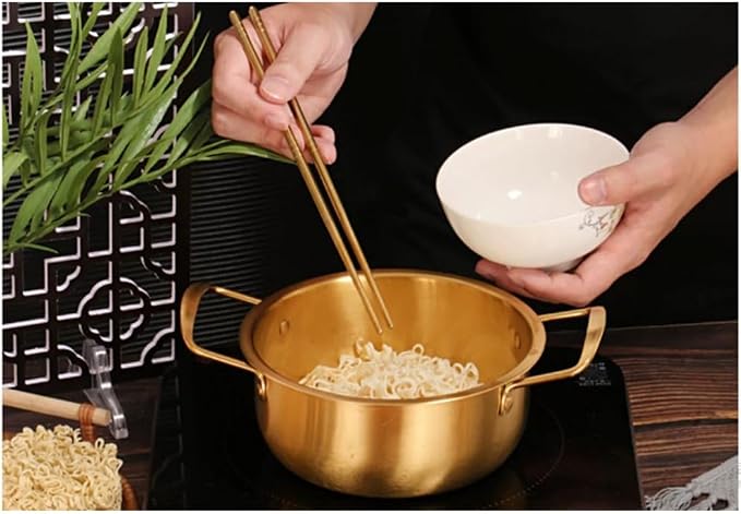 Korean Ramen Cooking Pot 17.6cm - Stainless Steel Mini Hot Pot Design Noodle Pot for Induction & Gas Stove, Easy-Clean Gold
