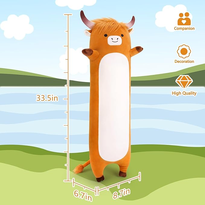 Large Highland Cow Stuffed Animal,33.5” Long Highland Cow Plush,Cute Plushies Animal Body Pillow,Kawaii Plush Toys Animals Gifts,Sleeping Hugging Pillow Cushion for Kids Adults