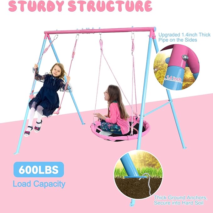 JYGOPLA 440lbs 2 Seat Kids Small Swing Sets for Backyard, 1 Saucer Tree Swing 32 inch, 1 Belt Swings, Heavy Duty Metal Swing Stand with Anchors(Pink+Blue)