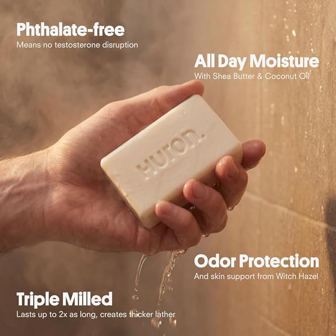 Huron Bar Soap for Men and Women, Hydrating Cleansing Bars with Sandalwood + Amber Scent, Moisturizing Shower Soap, Phthalate-Free, Non-Toxic Clean Ingredients for Daily Body Care, 5 oz (Pack of 3)