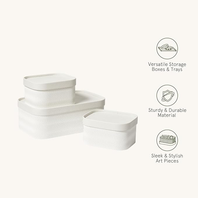 LA JOLIE MUSE Decorative Storage Boxes with Lids Faux Leather, White 3 Pack | Vegan Leather Lids, Fluted Cardboard Storage Basket, Organizer for Jewelry, Shelves, Bedroom & Closet Storage Memory Box