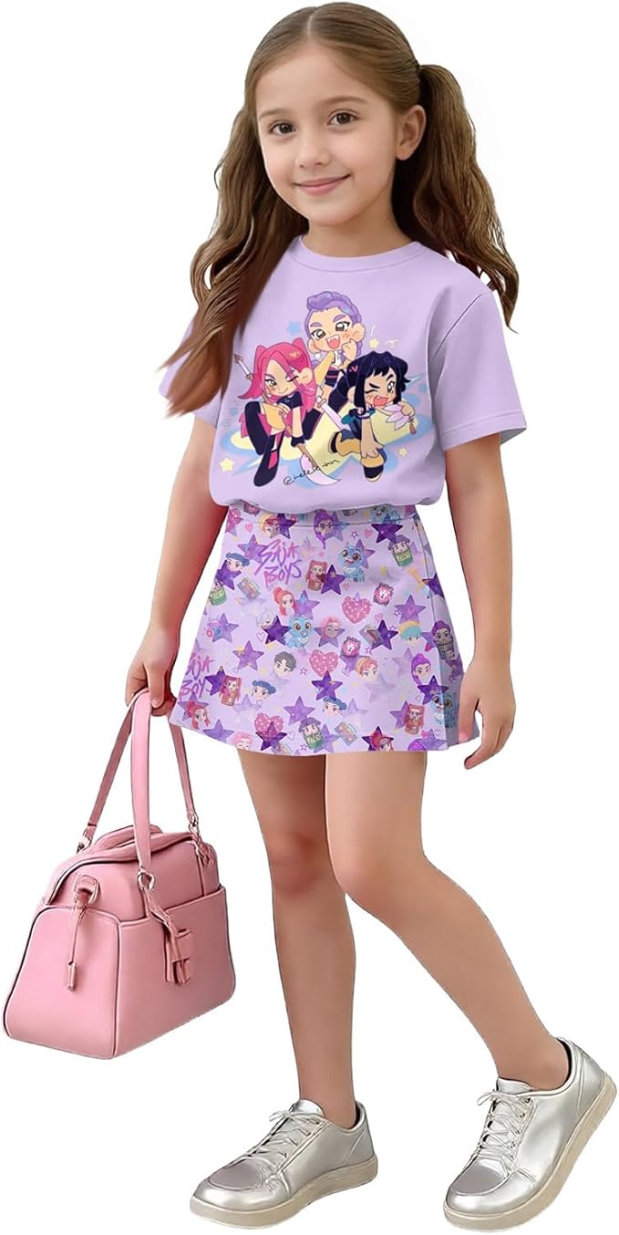 HTHLVMD K Pop Short Sleeve T-Shirt and Skirts Outfits Set for Girls Hunters Rumi Mira Zoey Graphic Tees De-Mon Costume