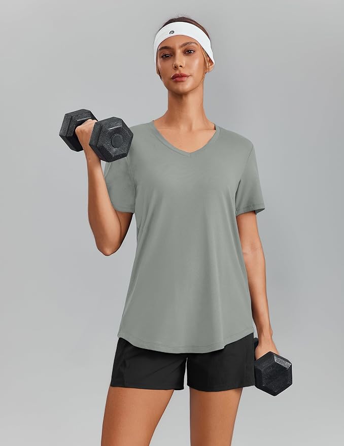 PINSPARK Soft Workout Tops for Women Short Sleeve V Neck Moisture Wicking UPF 50+ Sun Protection Quick Dry Gym Shirts