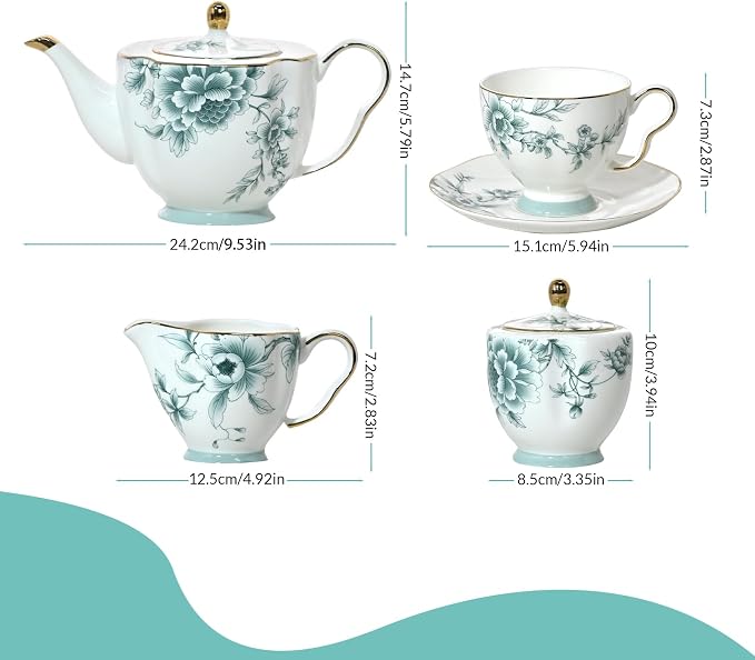 ACMLIFE Tea Set for Adults, Blue and White Bone China Porcelain Tea Set for 6, Vintage Floral Tea Cup Set With Teapot, Tea Party Sets for Women Gift, Mother's Day (Blue-Leaf)