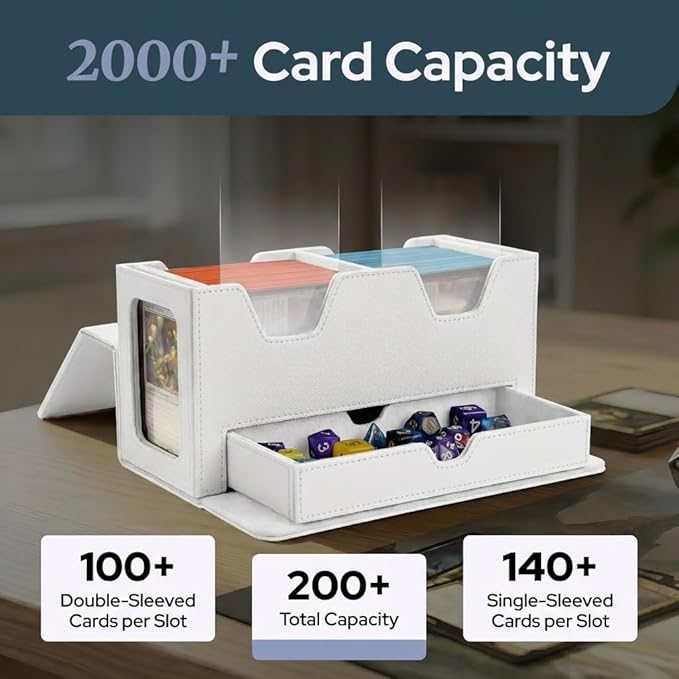 Card Deck Box Fits 200+ Double Sleeved，Commander Deck Box for Magic the Gathering with Dice Tray & Toploader Display,2 Dividers
