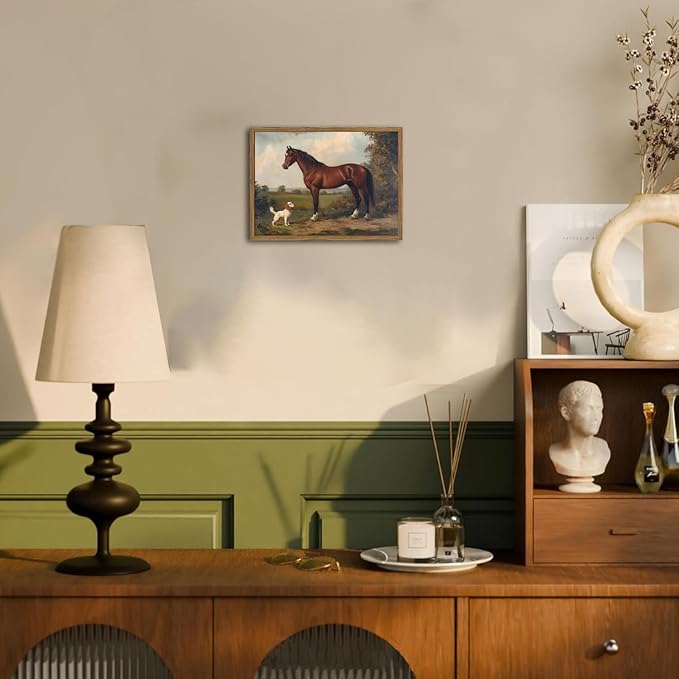 Framed Vintage Wall Art, Rustic Horse and Dog Pictures Wall Decor, Farmhouse Animal landscape Paintings Canvas Prints Neutral Aesthetic Home Decor for Living Room Bedroom Bathroom Office 12x16 inch