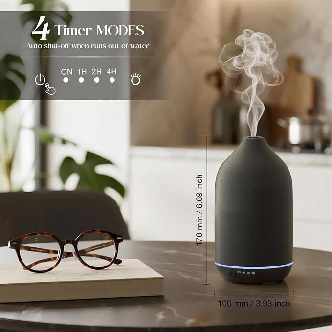 SALKING 200ml Ceramic Diffuser, Stone Essential Oil Diffuser, Ultrasonic Aromatherapy Diffusers with 7-Color LED Lights Timers, for Office Bedroom Home (Black)