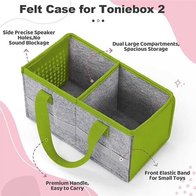 PISOSN Carrying Case for Toniebox Starter Set and Tonies Figurines, Travel Felt Cloth Musical Toy Folding Bag for Toniebox 2 & Accessories (Green)
