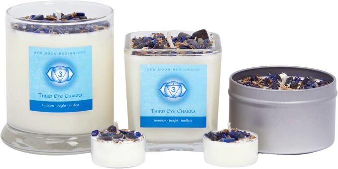 Third Eye Chakra Candle by New Moon Beginnings - Chakra Candles - Dried Flower, Herb, & Crystal Candles - Aromatherapy Candles - Soy Candle - 8oz Tin
