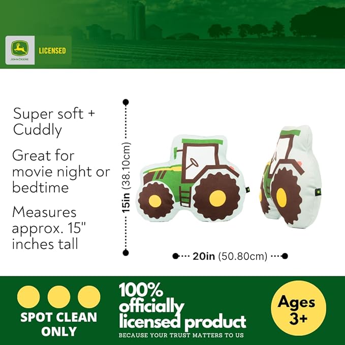 John Deere Trailer Tractor Kids Bedding Super Soft Plush Decorative Throw Pillow, 20 in, (Officially Licensed Product) by Franco Collectibles