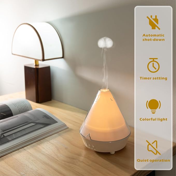 Volcano Aromatherapy Diffuser 180ML Essential Oil Diffuser Small Humidifier with 7 Colors Night Lights,Remote Control for Bedroom,Office(White)