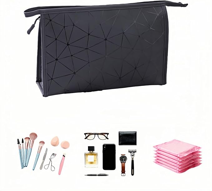 Btolin Geometric Pattern Cosmetic Storage Bag Leather Period Pouch for Women & Teens - Waterproof Small Makeup Bag | Portable Menstrual Pad/Tampon Holder | Black Travel Organizer
