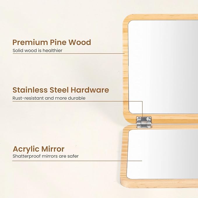 Woodtoe Tummy Time Mirror for Babies, 0-180° Adjustable Angle Floor Mirror, Baby Mirror with 15 Educational Cards, Shatterproof Baby Safe Mirror Toy, Montessori Gift for Boy Girl 0-6 Months