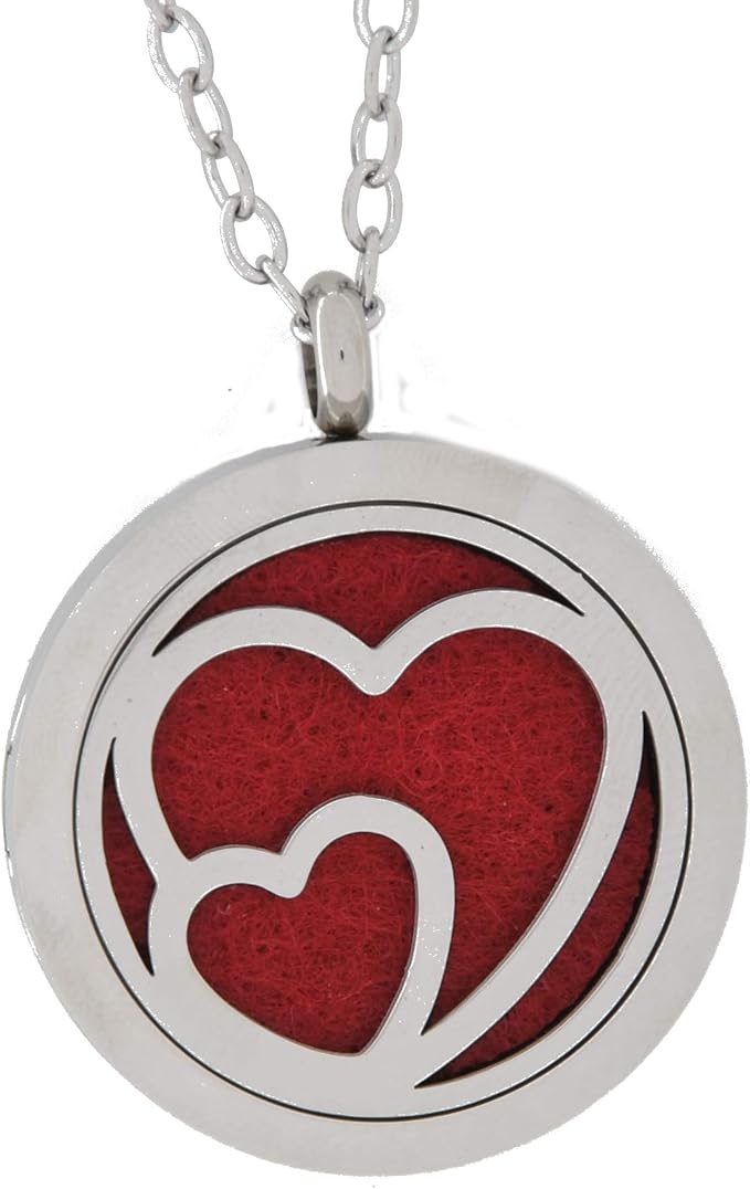 Aromatherapy Essential Oil Diffuser Stainless Steel 30MM Silver Magnetic Locket Pendant 2 Sizes Chain Necklace, Refill Pads & Diffuser Bracelet in a Velvet Bag (Double Heart)