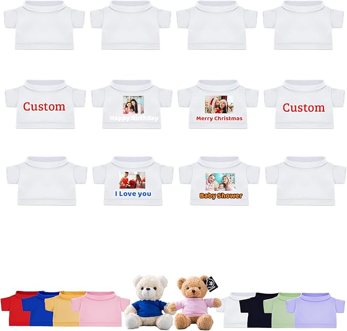12 Pcs Custom Teddy Bear Clothes with Name Photo, Personalized Stuffed Animal Clothes for Teddy Bears Fit 8-16inch Stuffed Bear Clothing, Custom Doll Outfit Make Your Own Plush Doll Shirt