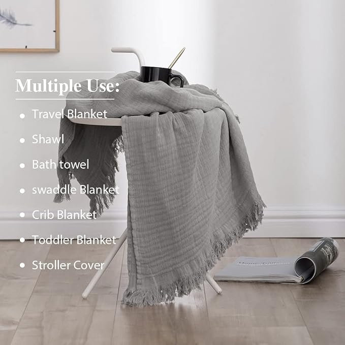 Simple&Opulence Cotton Muslin Throw Blanket for Bed, Couch, Knit Woven Gauze Blanket with Tassels, Soft Lightweight Cozy Pre-Washed Breathable Farmhouse Decoration for All-Season (Grey)