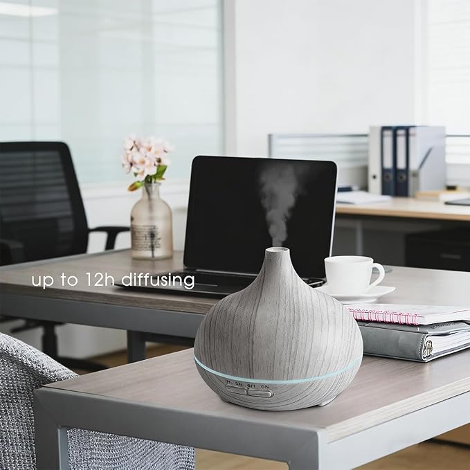 550ml Large Capacity Essential Oil Diffuser with 6 Aromatherapy Oils,Humidifier for Home Decor,Diffuser with Remote Control,7 Color LED Light for Yoga Gym Office Decoration (White Wood Grain)