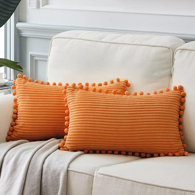 Fancy Homi Pack of 2 Fall Lumbar Decorative Throw Pillow Covers with Pom-poms, Soft Corduroy Solid Rectangle Cushion Cases for Couch Sofa Bed Living Room, Fall Home Decor (12x24 Inch/30x60 cm, Orange)