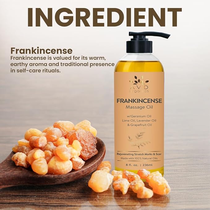 AVD Organics Frankincense Massage Oil 236ml | Invigorating Refreshing and Soothing Massage | Made with Natural Oils | Ideal for Both Men and Women 8 fl oz