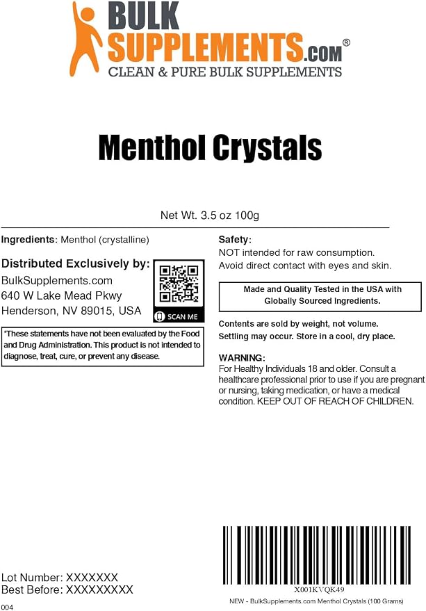 BulkSupplements.com Menthol Crystal - Natural Menthol Crystals - Menthol Crystals for Soap Making, for Shower Steamers Aromatherapy - Pure & Gluten Free, 100g (3.5 oz)