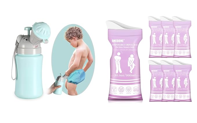Portable Potty Baby Child Urinal Pee Cup for Kids+ Purple Urine Bags 6 Pack Pee Bags for Travel