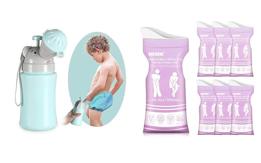 Portable Potty Baby Child Urinal Pee Cup for Kids+ Purple Urine Bags 6 Pack Pee Bags for Travel