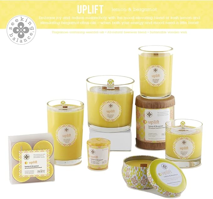 Root Candles Seeking Balance Wood Wick Spa Candle Aromatherapy Candles, 12-Ounce, Uplift: Lemon & Bergamot