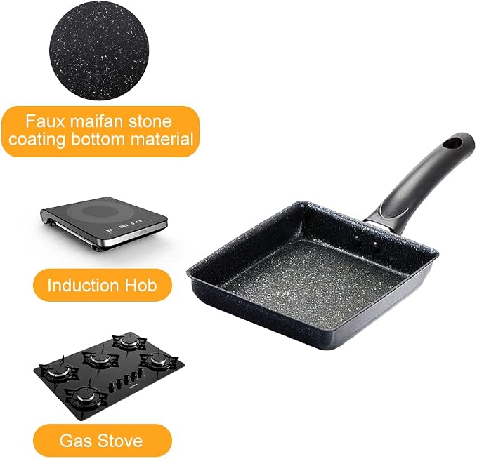 LOQJSS Tamagoyaki Pan Set – Japanese Omelette Pan 5.9x7 Inches Rectangle Egg Roll Pan & Silicone Brush, Chopsticks & Spetula,For Sandwiches,Crepes,Salmon,Bacon,Pancakes,Etc