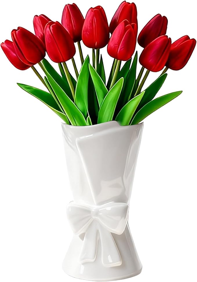 Relexome Fully Glazed White Ceramic Bow Vase 9.64 in Unique Cute Modern Decorative Bouquet Flower Vases for Home Living Room Table Summer Decor Women Gifts