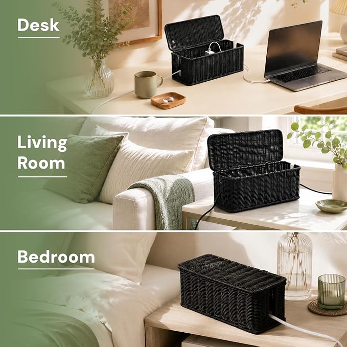 Cable Management Box, Handmade Rattan Cable Organizer with 2 Open Slots, Cord Hider for Power Strip, Router & USB Hub, Registered U.S. Design Patent (D1,112,102), 13" x 5.1" x 5.1", Black