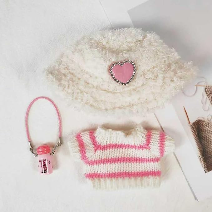 Clothes for LBB – Cozy Leisure Sweater Outfit for 17cm Doll: Off-White Oversized Hat with Pink Heart, Pink-Striped Sweater, and Cute Bottle (Doll Not Included)