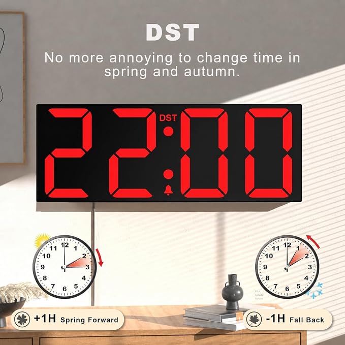 JALL 22" Large Digital Wall Clock, Big LED Display with Night Light, Auto Dimming & DST, Giant Alarm Clock for Seniors, Elderly Parents, Gift for Mom Dad (Red)