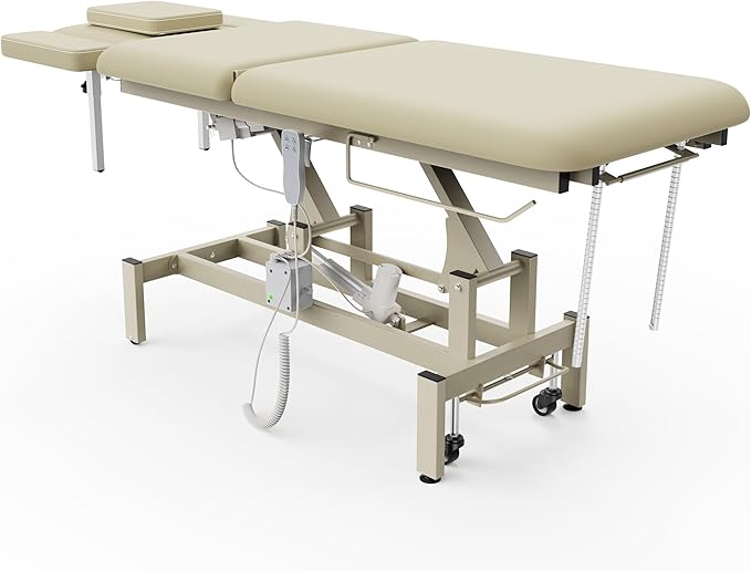 Olela 2 Motors Electric Spine Massage Table, Hydraulic Electric Lift Adjustable Waist and Height Lifting Functions for Treatment, Physical Therapy, Spinal Massage, Facial Spa, Waxing - Beige Gray