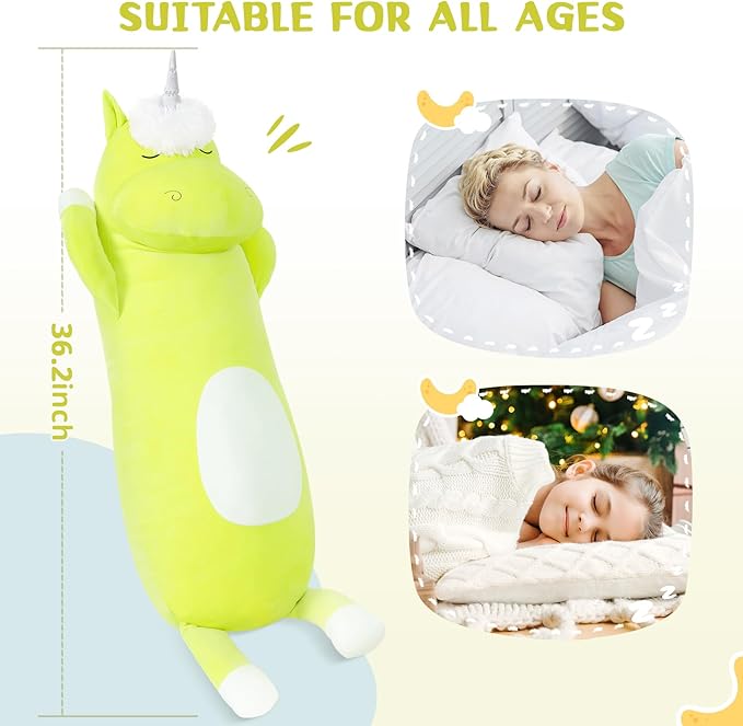 MorisMos 36.2" Unicorn Body Pillow Large Hugging Pillow Unicorn Stuffed Animal,Soft Plush Toy for Kids Girl, Animal Body for Christmas Birthday Valentine's Day, Green