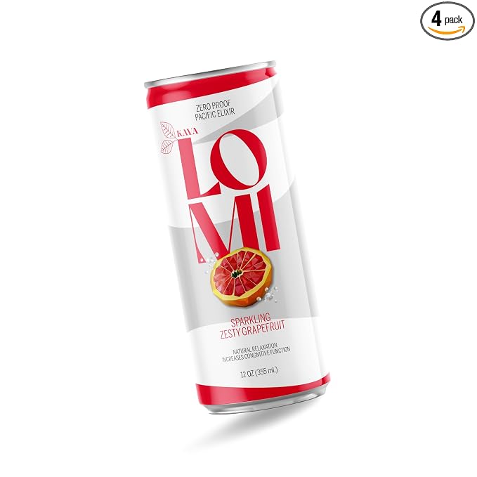 LOMI Zero Proof Pacific Elixir Sparkling Zesty Grapefruit, Natural Relaxation Kava Drink with Adaptogens, Low-Calorie, Gluten-Free, Vegan, 12 fl oz, 4 Pack (Standard, Zesty Grapefruit)
