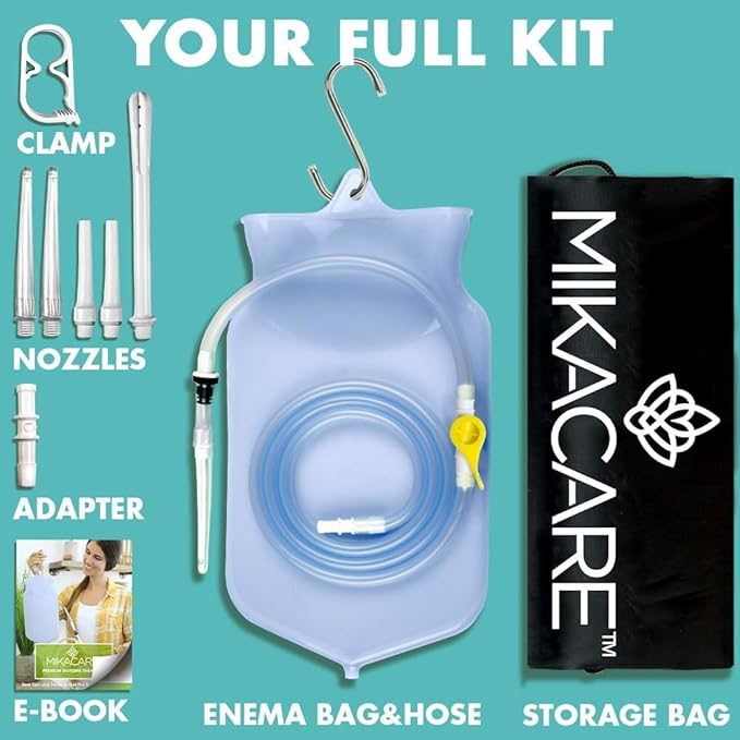 Enema Bag Kit 2 Quart - Silicone Coffee Enema & Colon Cleanse Home Kit | Medical Grade Silicone, BPA & Phthalate Free, 6 Nozzles, 6-Foot Tubing, Leak Resistant & Easy to Clean